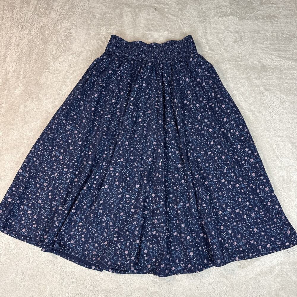 Cottagecore Prairie Floral Midi Skirt Vintage Blue Smocked Waist Cotton Boho M
